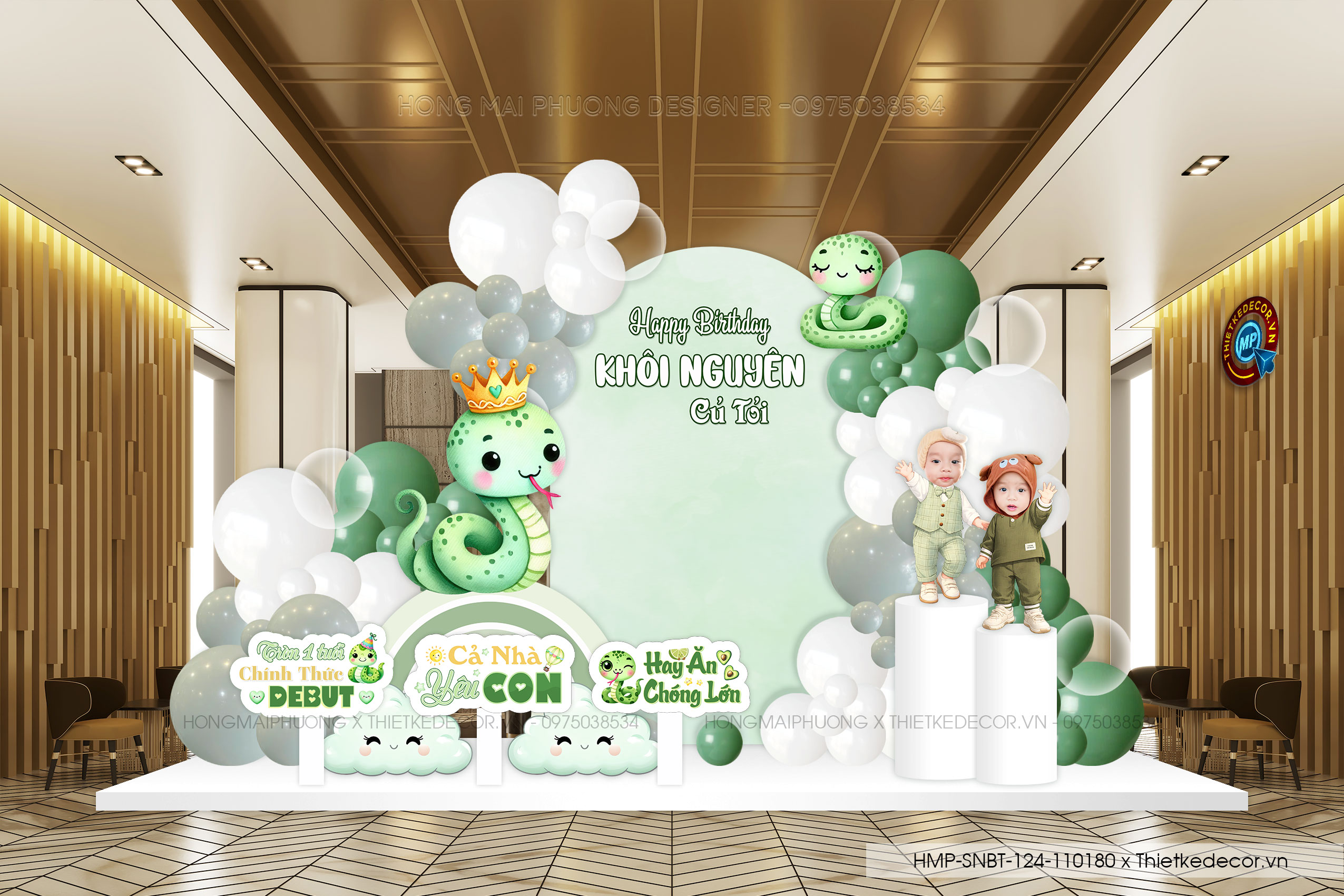 File thiết kế trang trí decor sinh nhật- thôi nôi bé trai đáng yêu cute tuổi rắn tone lá